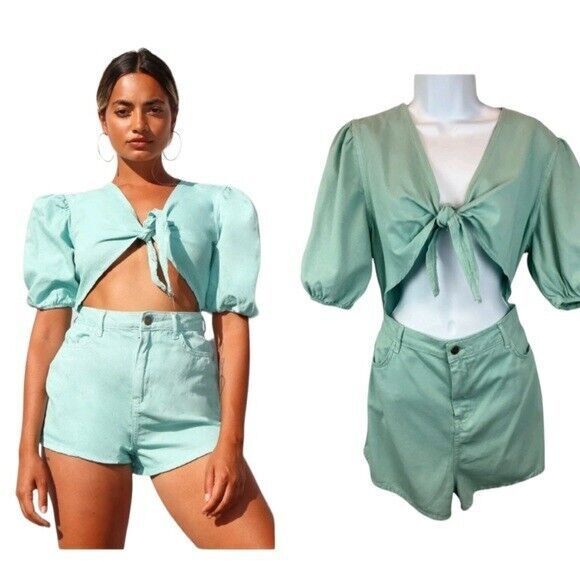 PrettyLittleThing Romper  Womens 10  NWT Acid Green Cut-Out Front Denim Playsuit - Picture 1 of 13